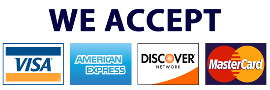  We accept Visa, Mastercard, American Express, Discover and payment via check.